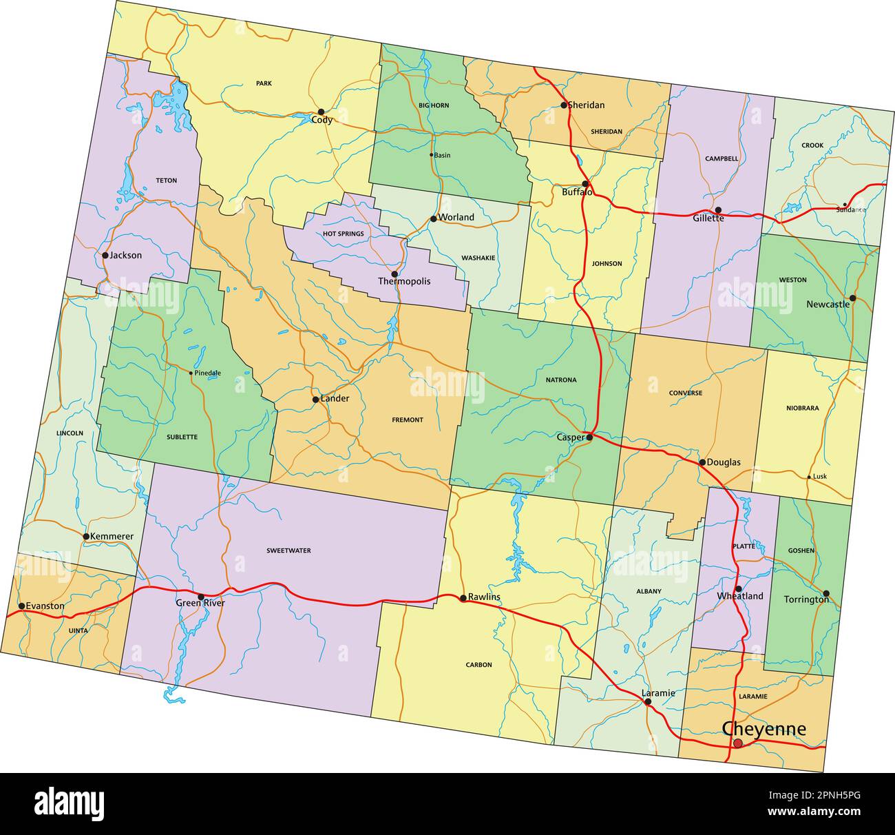 Wyoming - Mappa politica modificabile estremamente dettagliata con etichettatura. Illustrazione Vettoriale