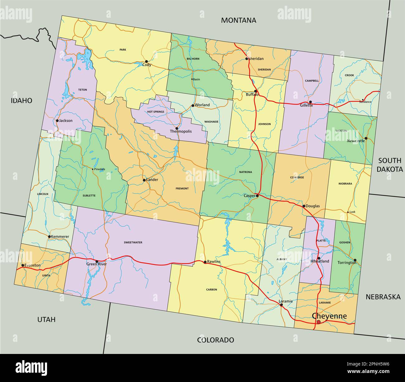 Wyoming - Mappa politica modificabile estremamente dettagliata con etichettatura. Illustrazione Vettoriale