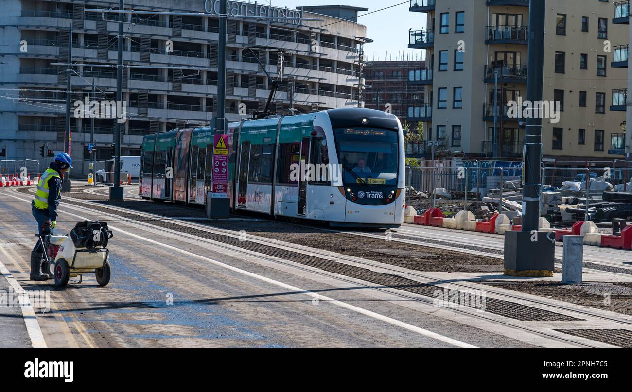 Leith, Edimburgo, Scozia, Regno Unito, 19th aprile 2023. Tram per Newhaven in funzione: I primi tram che corrono sulla linea estesa del tram durante la giornata sono iniziati oggi per testare il percorso. Nella foto: Un tram passa dall'Ocean Terminal, credito: Sally Anderson/Alamy Live News Foto Stock