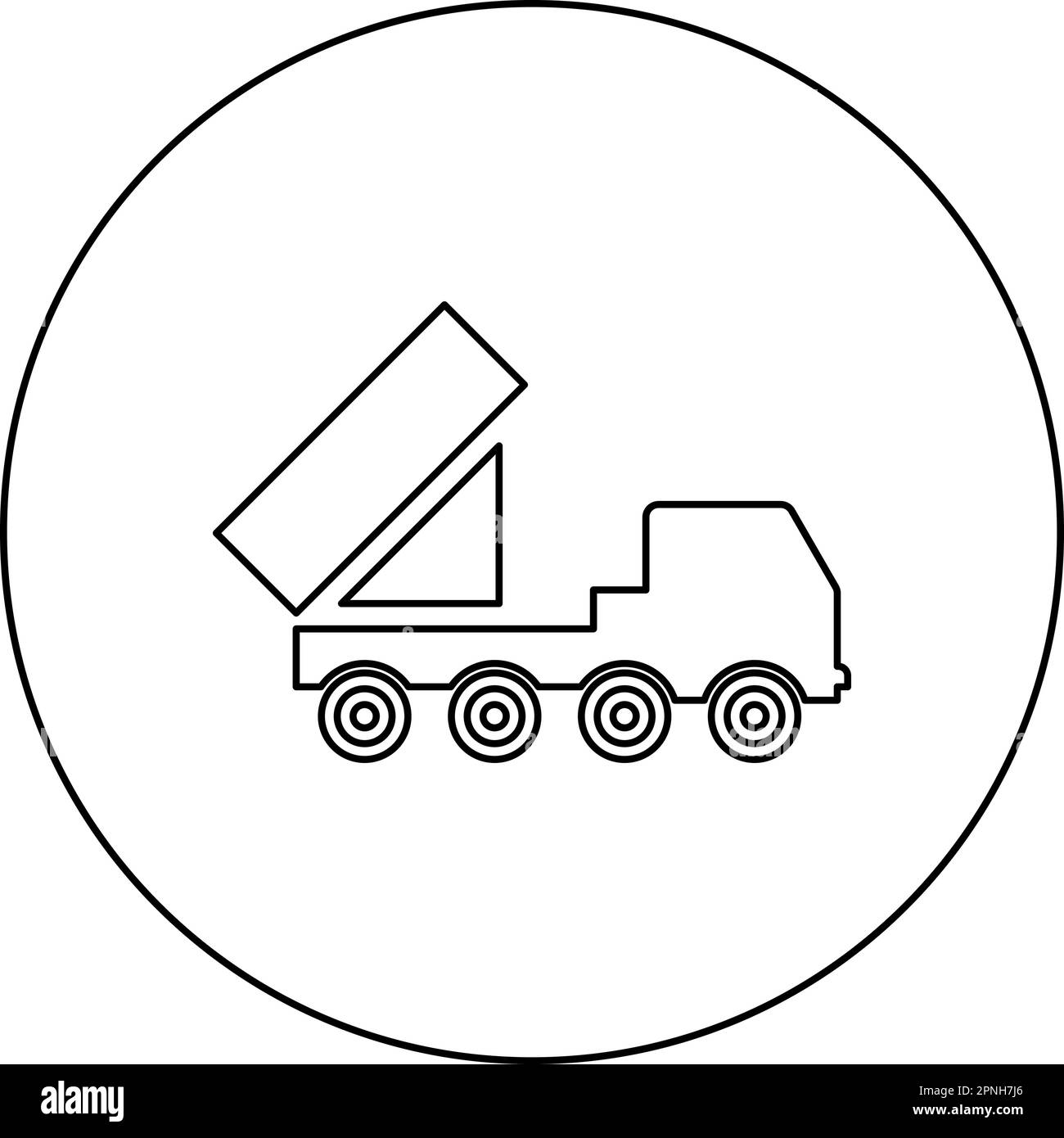 Sistema reattivo volley fuoco salvo artiglieria americana lancio multiplo su telaio gommato alta mobilità militare camion icona in cerchio rotondo nero Illustrazione Vettoriale