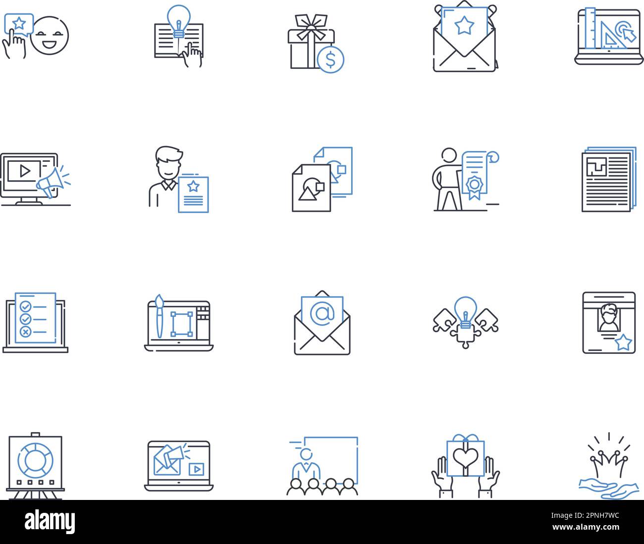 Raccolta di icone della linea di marketing sui social media. Coinvolgimento, consapevolezza, strategia, contenuti, pubblicità, Analisi, portata vettoriale e illustrazione lineare Illustrazione Vettoriale