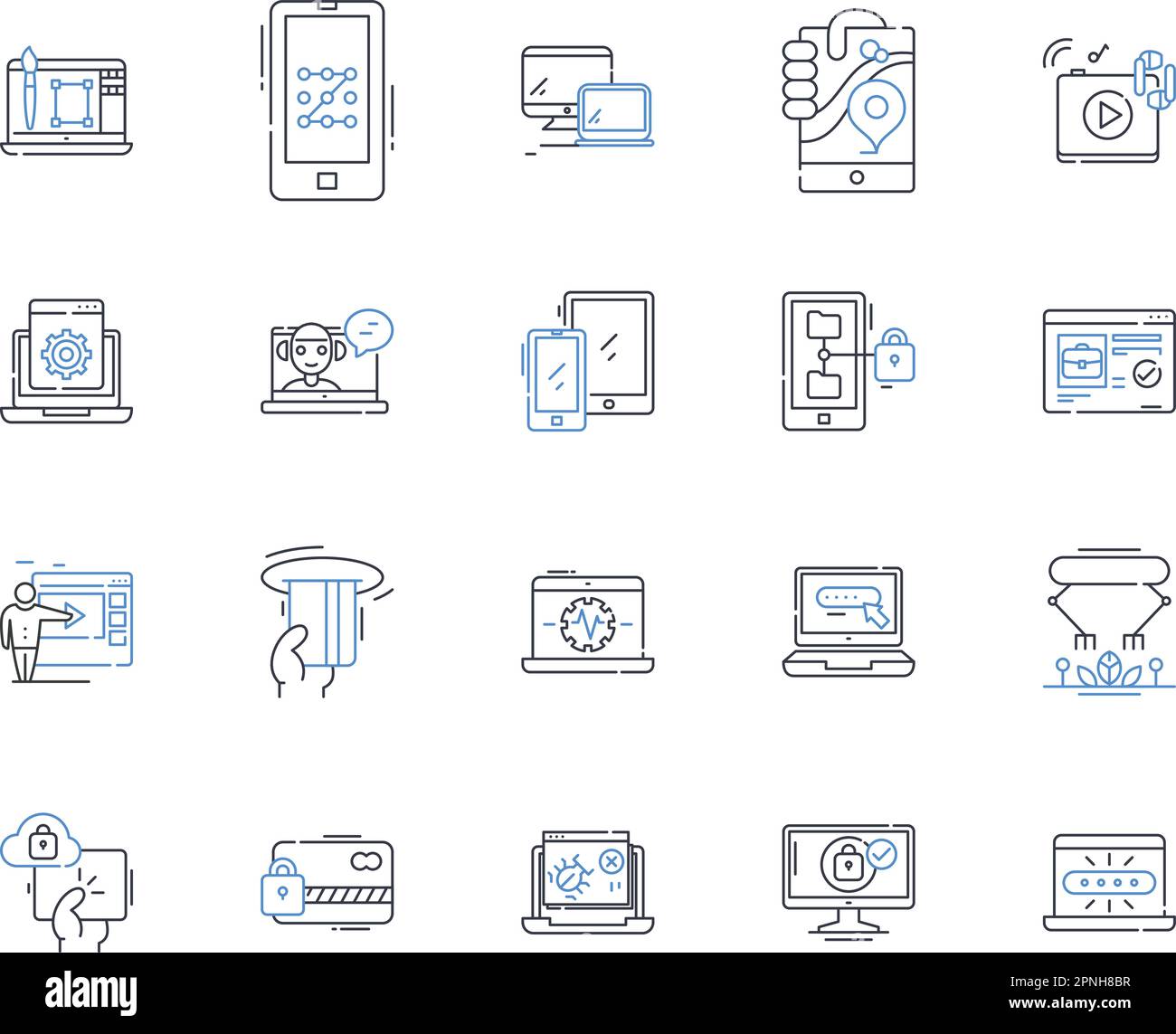 Raccolta delle icone della riga del dispositivo. Tecnologia, innovazione, portatile, efficiente, pratico, Illustrazione vettoriale e lineare avanzata e versatile. Elegante Illustrazione Vettoriale