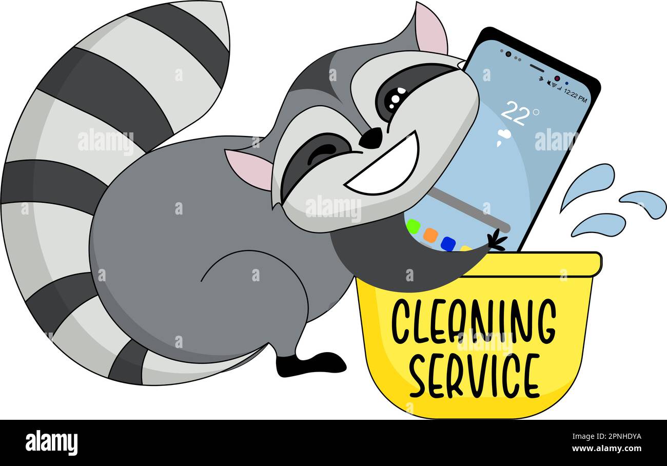 Icona adesivo divertente lavare uno smartphone con un raccoon. Cartone animato. Vettore. Caratteri. Oggetti isolati. Illustrazione Vettoriale