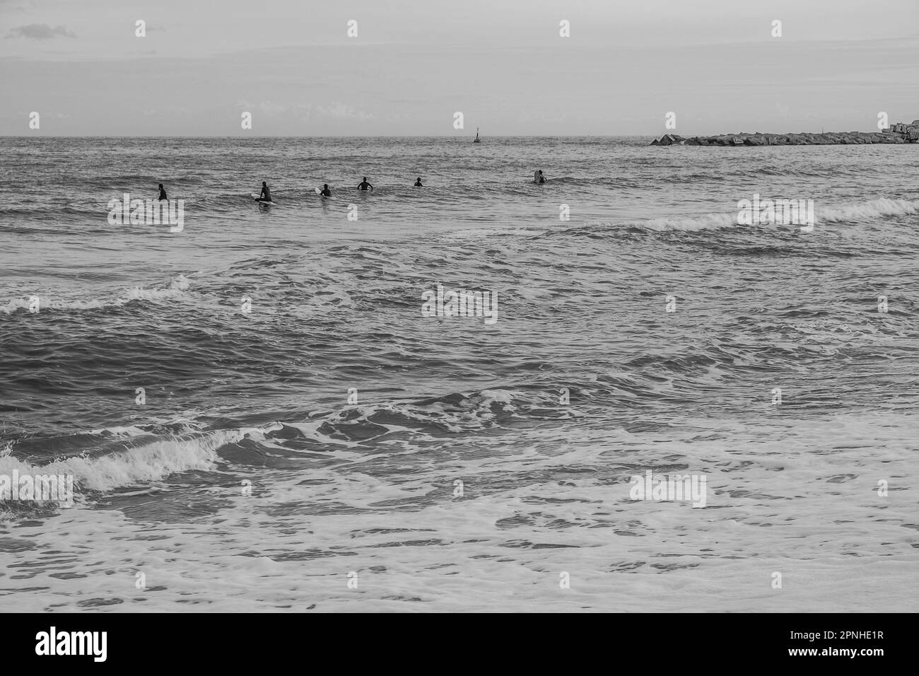 Gruppo di surfisti in attesa dell'onda successiva Foto Stock