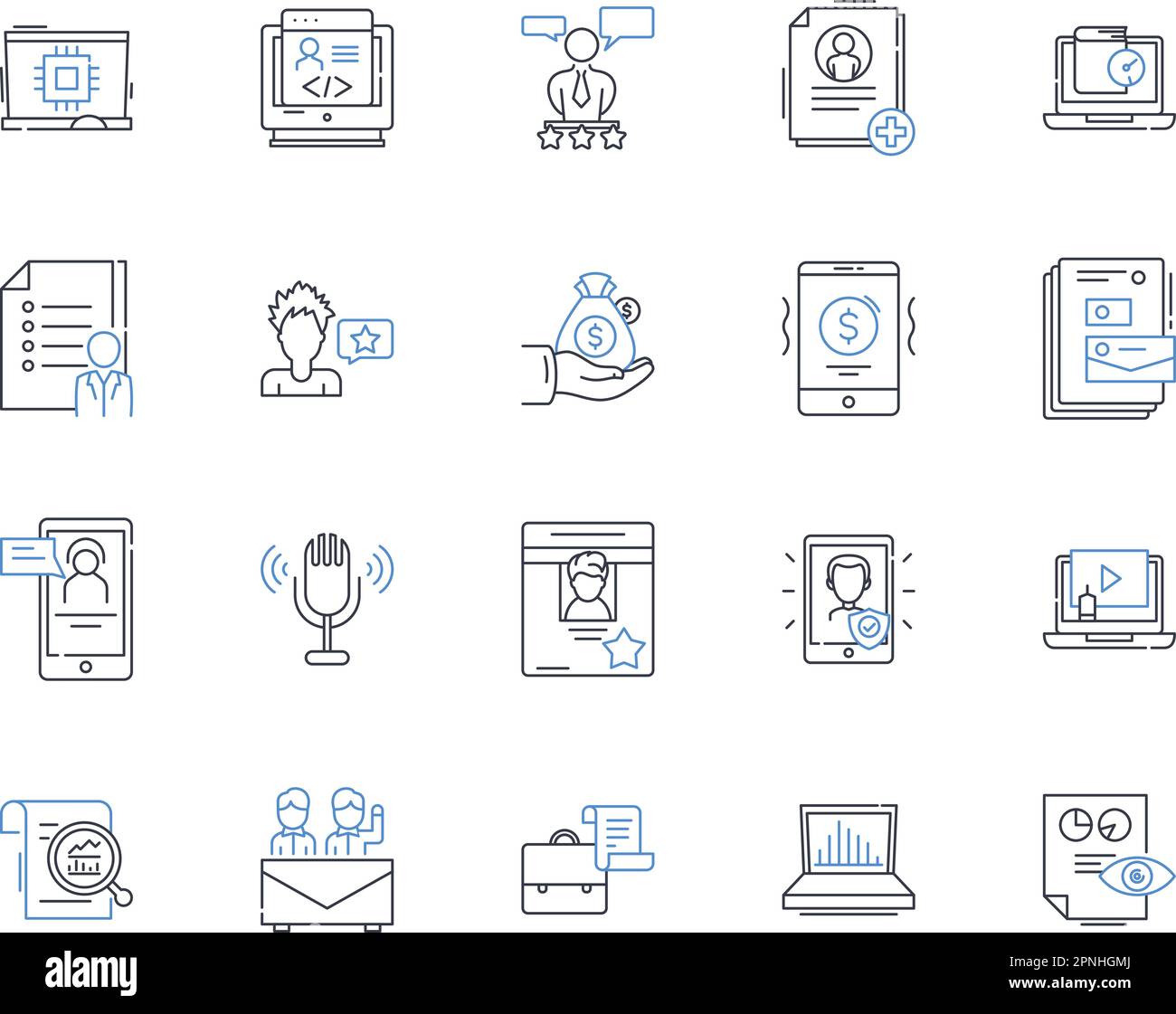 News produzione linea icone collezione. Giornalismo, segnalazione, indagine, storytelling, rottura, Titoli, vettore corrente e illustrazione lineare Illustrazione Vettoriale