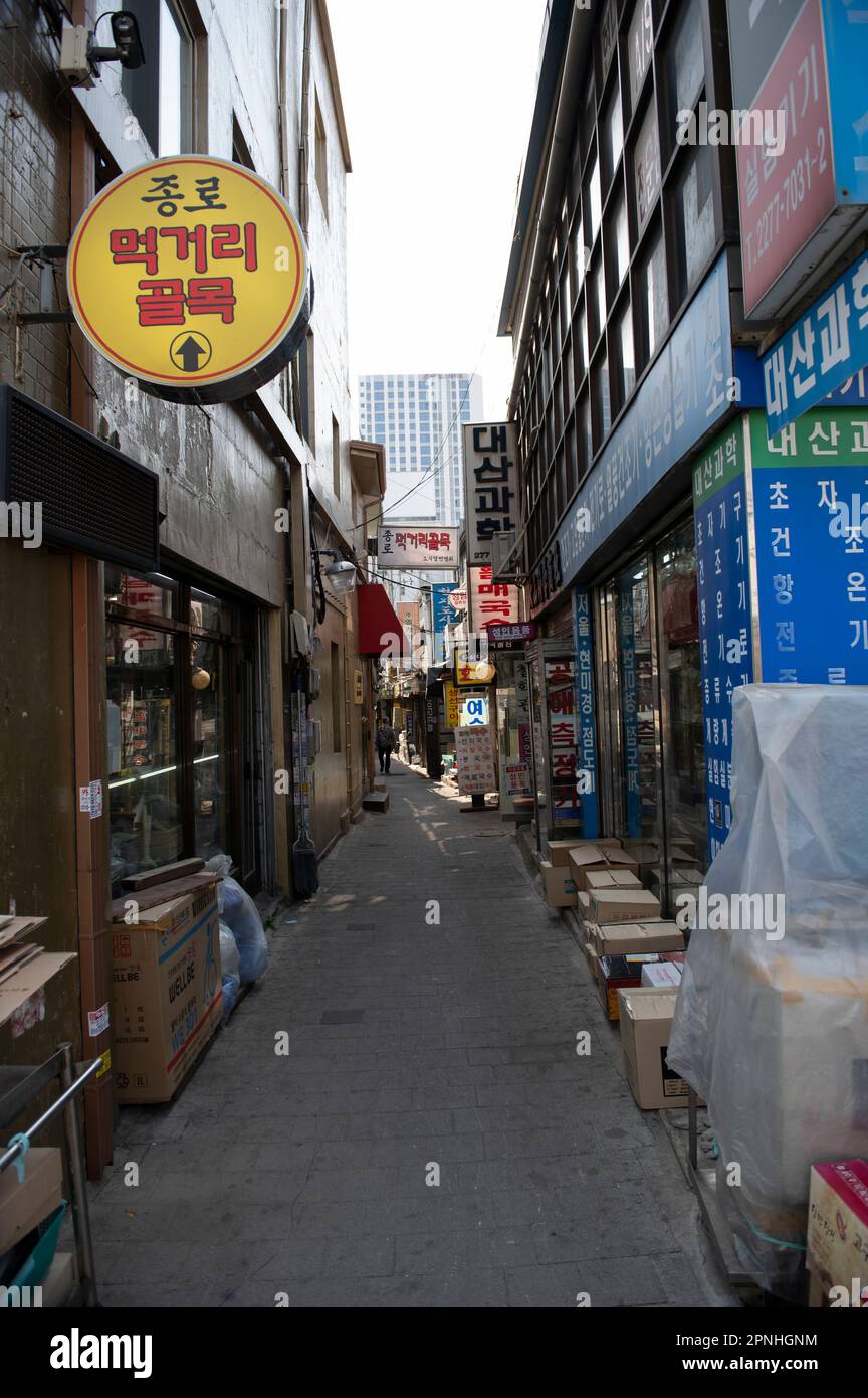 Vicolo nell'area di Dongaemun a Seoul Foto Stock
