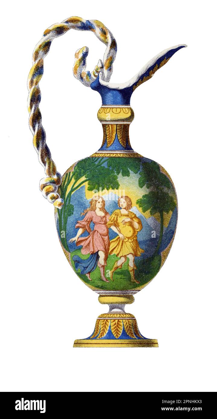 WER - frontespizio IN MAIOLICA. Questo è di forma fine, con becco di forma particolare, e manici ritorti. Il soggetto del dipinto è Acis e Galatea, dopo Giulio Romano. Dall'altra parte dell'Ewer, Galatea è rappresentata cavalcando un cavallo di mare, frequentato da Cupido su un delfino. La data di fabbricazione va dal 1500 al 1550. Questo esemplare era in precedenza a Strawberry Hill, ma ora è nella collezione dell'autore. Dimensioni, in cima al manico, a 19 cm dal libro Collezioni verso una storia di ceramica e porcellana, nei secoli 15th, 16th, 17th, e 18th : con un descripti Foto Stock