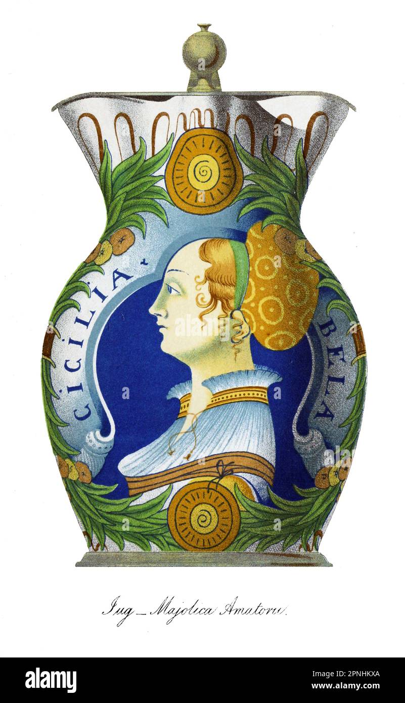 CARAFFA. AMATORII. (Maiolica) la bocca è trilobata, dopo la moda di alcune delle antiche ceramiche greche. La 'Cecilia Bella', la signora di cui è dato il ritratto, è il soggetto degli Amatori dal libro Collezioni verso una storia di ceramica e porcellana, nei secoli 15th, 16th, 17th, e 18th : Con una descrizione della fabbricazione, un glossario e un elenco di monogrammi di Joseph Marryat, Editore di Londra: J. Murray 1850 Foto Stock