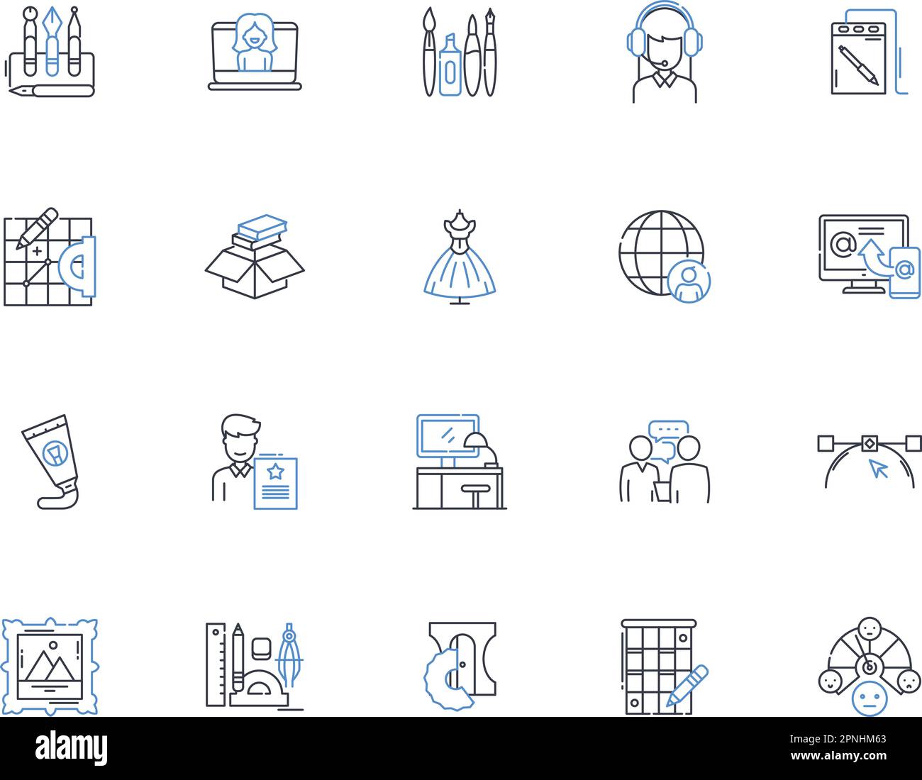 Raccolta di icone della linea di lavoro remota. Flessibilità, autonomia, indipendenza, produttività, efficienza, Adattabilità, vettore di comunicazione e lineare Illustrazione Vettoriale