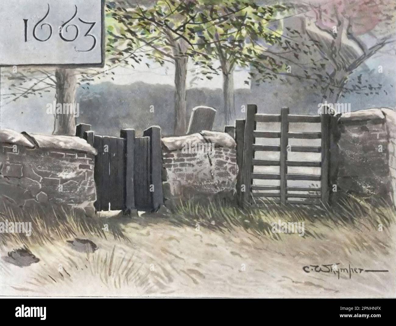 Sito colored della macchina di vecchie scorte, Scrooby Churchyard dal libro ' Homes and Haunts of the Pilgrim Paters ' di Alexander MacKennal, 1835-1904; e rivisto da Howell Elvet Lewis, data di pubblicazione 1920 Editore Londra, la società del tratto religioso Foto Stock