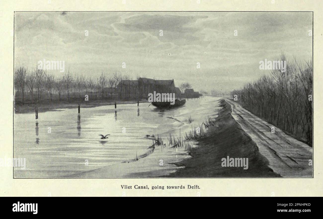 Vliet Canal, Going TOW t ards Delft dal libro ' Homes and Haunts of the Pilgrim PAThers ' di Alexander MacKennal, 1835-1904; e rivisto da Howell Elvet Lewis, Pubblicazione data 1920 Editore Londra, The Religious Tract Society Foto Stock