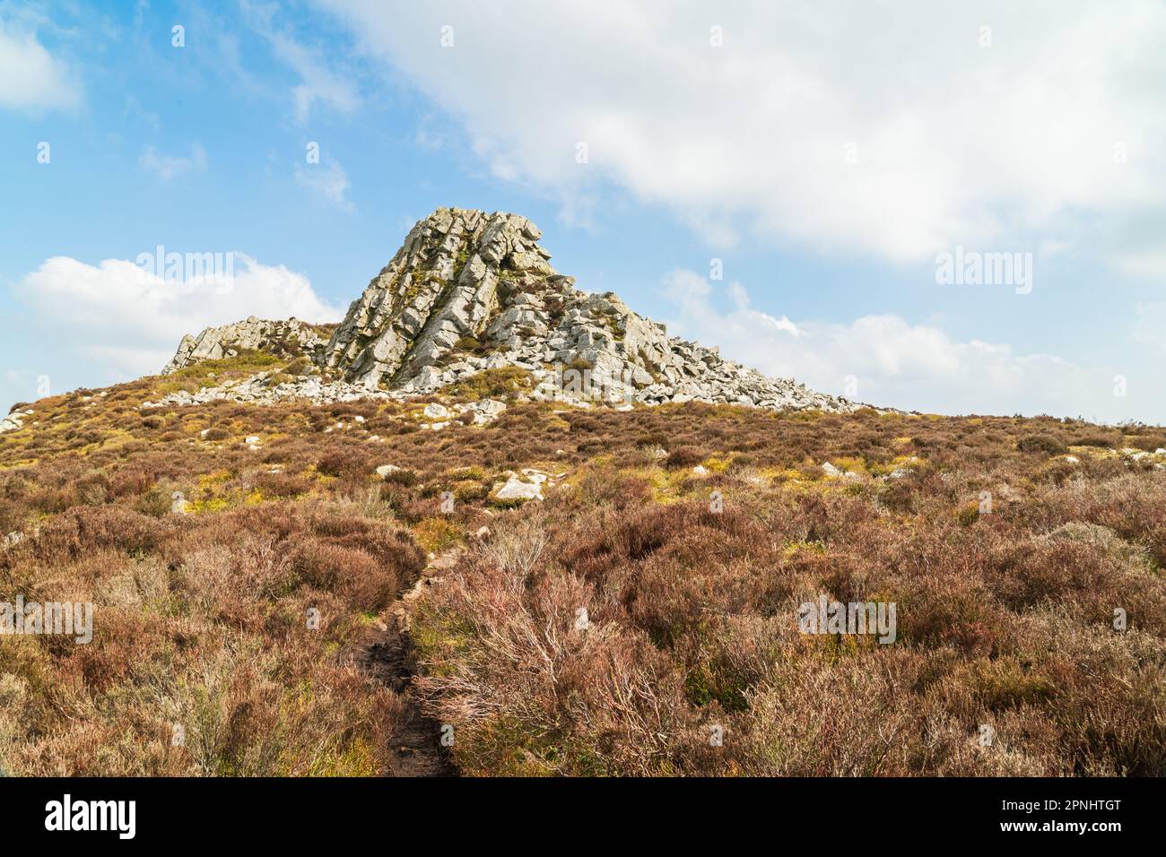 Una vista di Cranberry Rock nella riserva naturale di Stipperstones in Shropshire, Regno Unito. Una cresta di Quartzite creata durante l'ultima era glaciale 480 milioni di anni fa Foto Stock