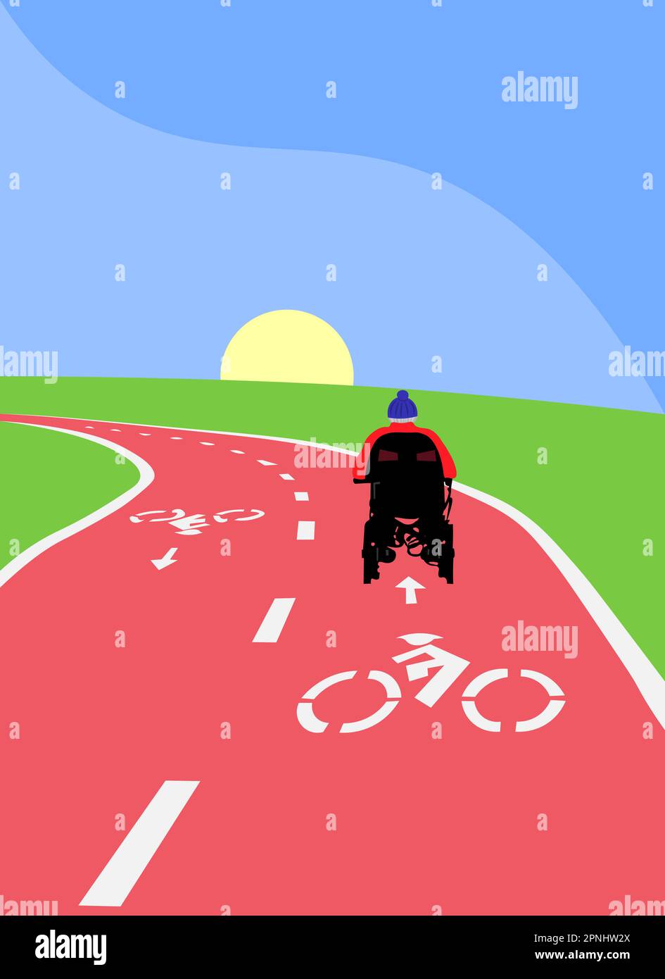 Questo disegno ispiratore raffigura una persona con disabilità che si muove su una sedia a rotelle lungo una pista ciclabile. Egli segue con fiducia e coraggio i suoi sogni Illustrazione Vettoriale