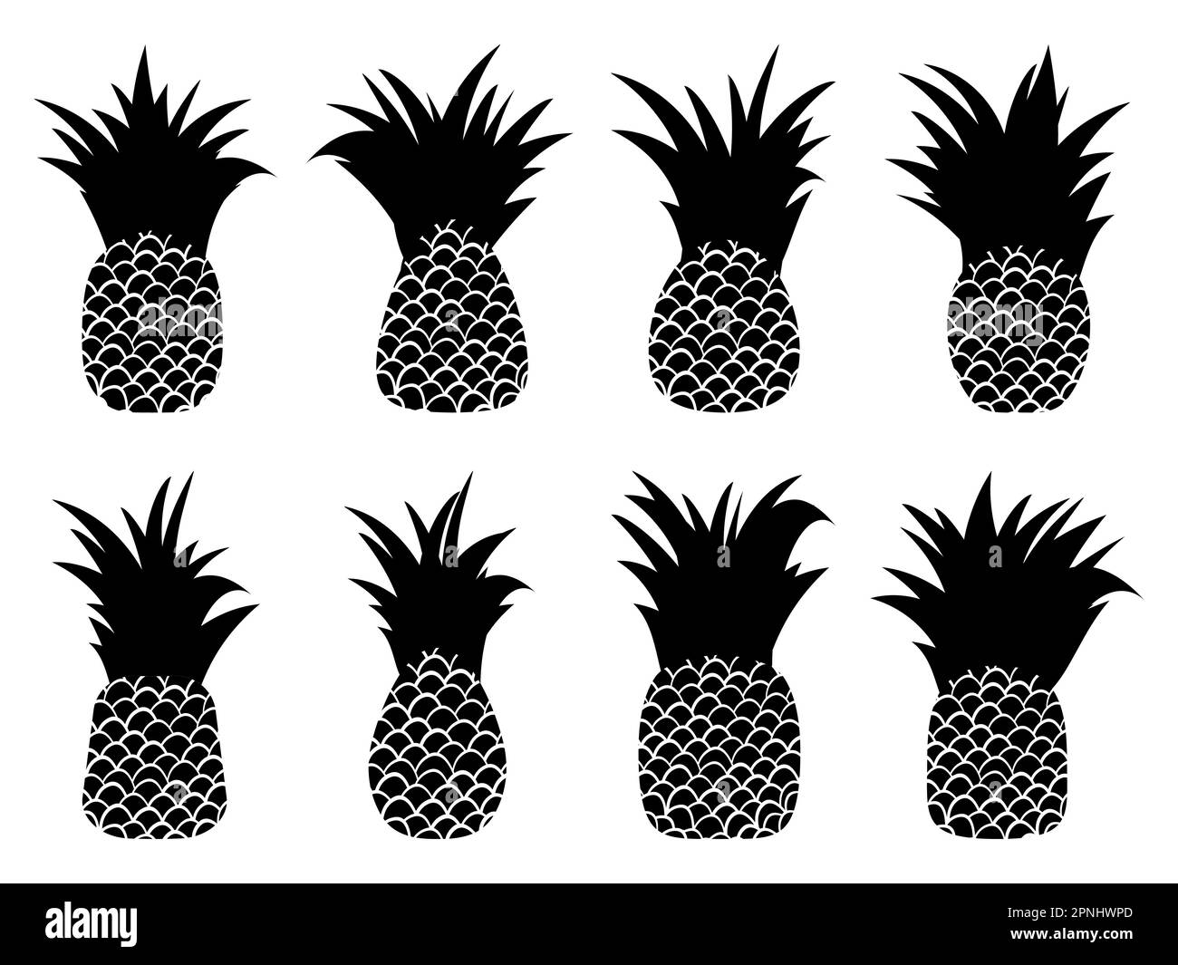 Ananas neri isolati su sfondo bianco. Silhouette di ananas. Anananas di varie forme. Design per poster, striscioni e materiale promozionale Illustrazione Vettoriale