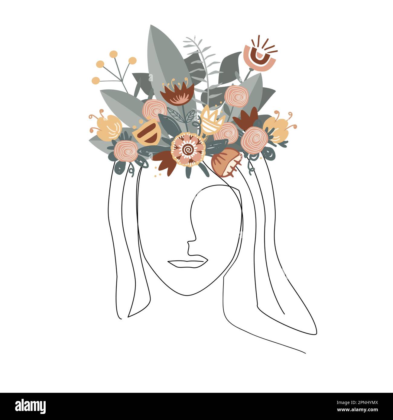 Donna testa silhouette con corona floreale. Forest dryad o natura regina concetto. Illustrazione femminile alla moda con isolamento facciale in stile artistico a una linea Illustrazione Vettoriale