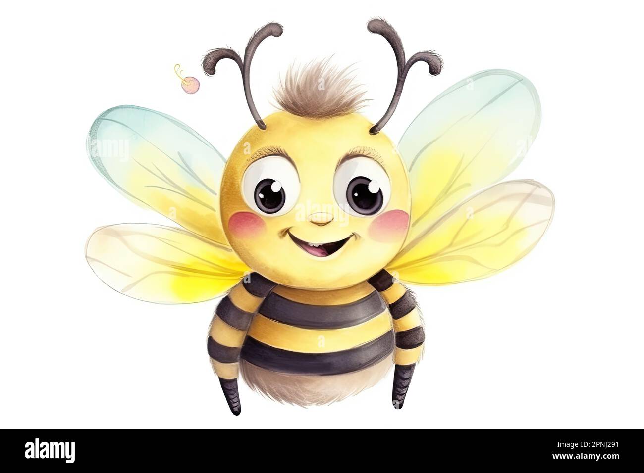Disegna un'adorabile illustrazione acquerello di un'ape gialla di miele con un grande sorriso sul volto, isolata su uno sfondo bianco Foto Stock