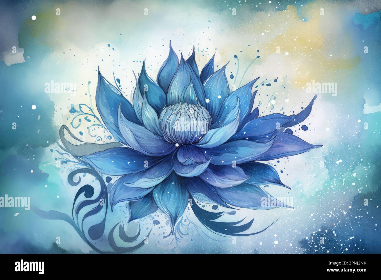 Crea un'illustrazione in acquerello di un fiore blu con un effetto mistico e magico, utilizzando accenti glitter e motivi vorticosi per creare Foto Stock