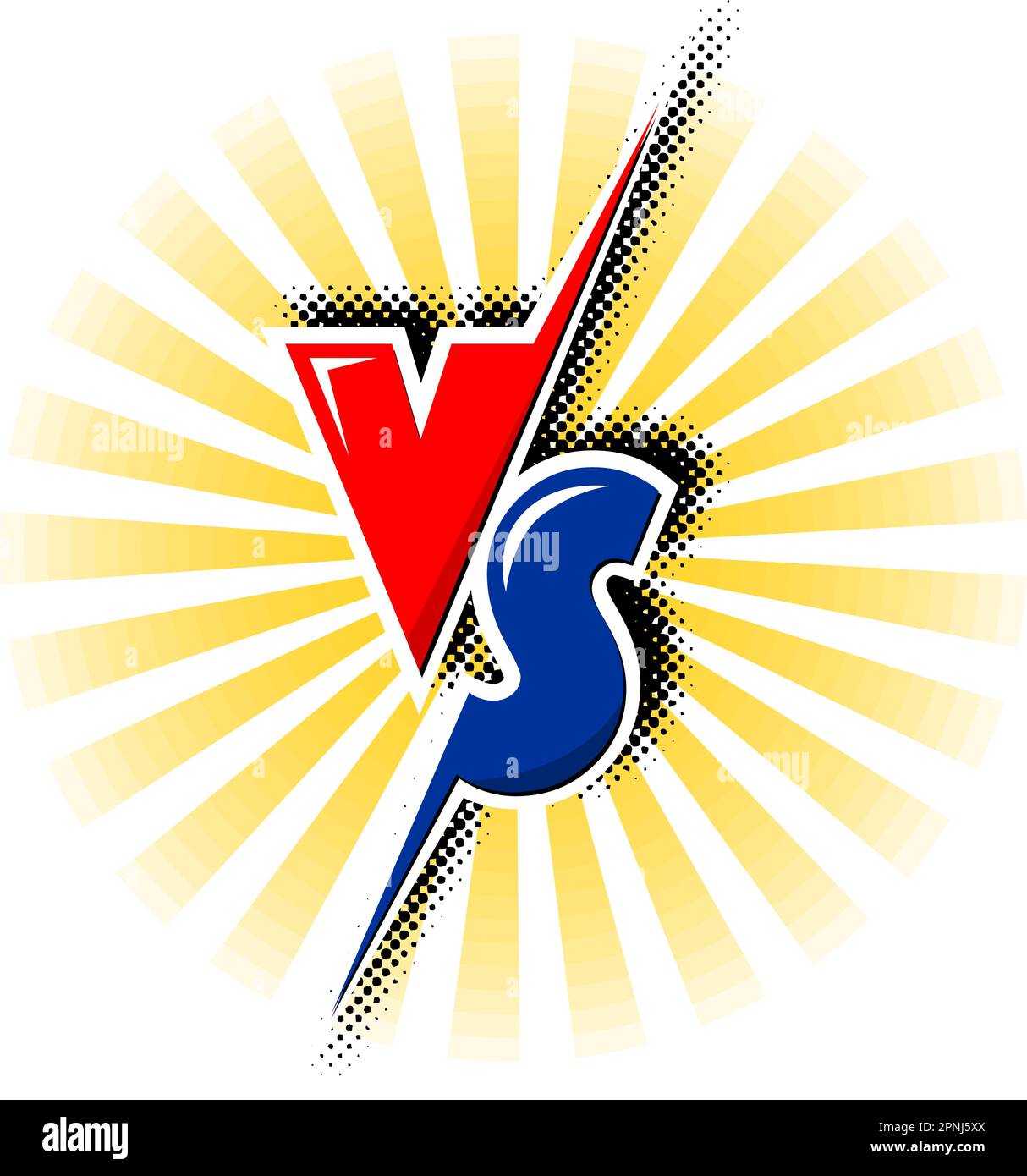 ICONA VS o versus con raggi di sole. Intestazione del modello vettoriale rossa contro blu su sfondo trasparente. Illustrazione Vettoriale
