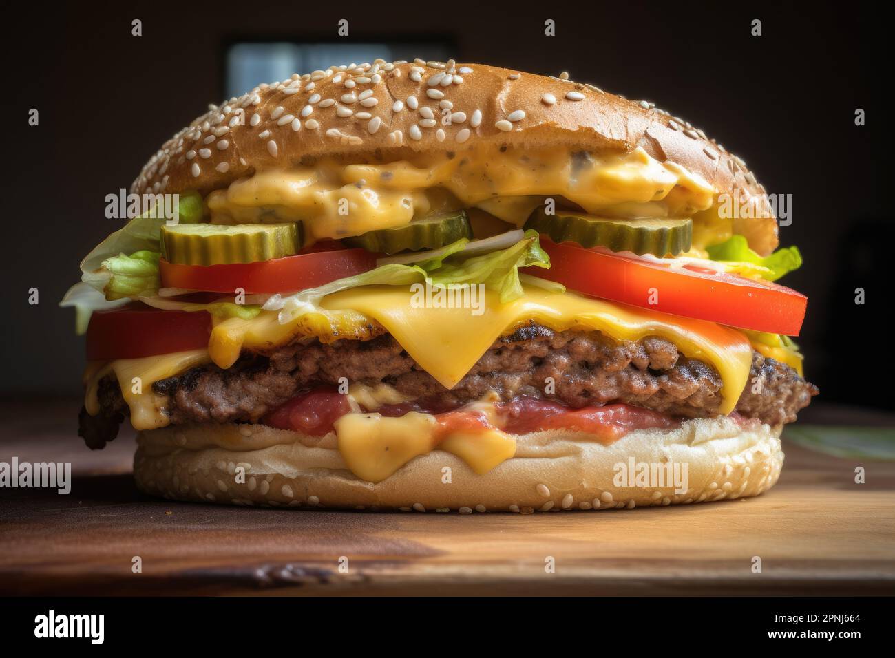 10 strati di cheeseburger, con dieci succosi polpette di manzo, due fette di formaggio fuso, lattuga, pomodoro, sottaceti e salsa speciale su un panino di semi di sesamo Foto Stock