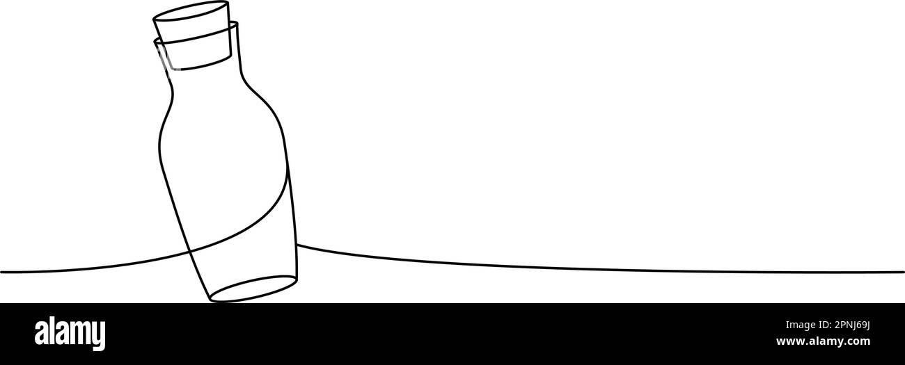 Bottiglia di vetro a una linea, disegno continuo. Bottiglia di vetro o plastica vuota, illustrazione continua a una riga. Illustrazione lineare vettoriale. Illustrazione Vettoriale