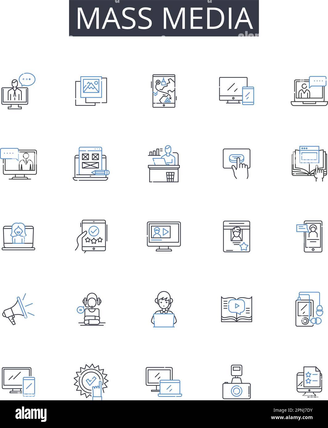 Raccolta di icone della linea dei mass media. Social media, Stampa, Media digitali, Visual media, Broadcast media, Media di notizie, vettore di media di intrattenimento e. Illustrazione Vettoriale