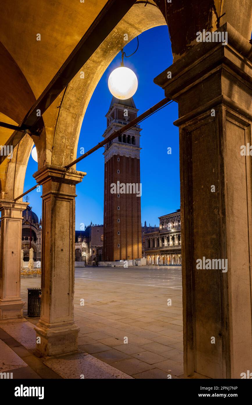 Piazza San Marco con il Campanile di San Marco all'alba, Venezia, Veneto, Italia Foto Stock