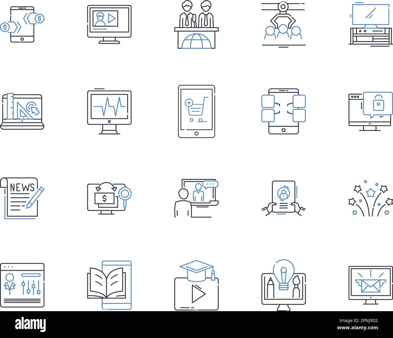 Collezione di icone della linea di produzione video. Cinematografia, Post-produzione, storyboarding, sceneggiatura, editing, Suono, illuminazione vettoriale e lineare Illustrazione Vettoriale