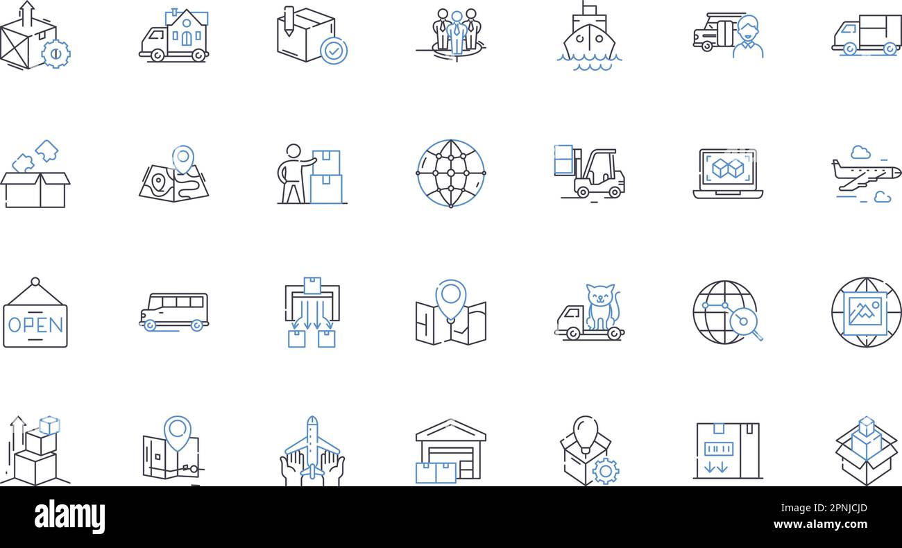 Raccolta icone linea di movimentazione merci. Trasporti, Logistica, Trasporti, magazzinaggio, consegna, Carica, Scarica illustrazione vettoriale e lineare. Pallettizzare Illustrazione Vettoriale