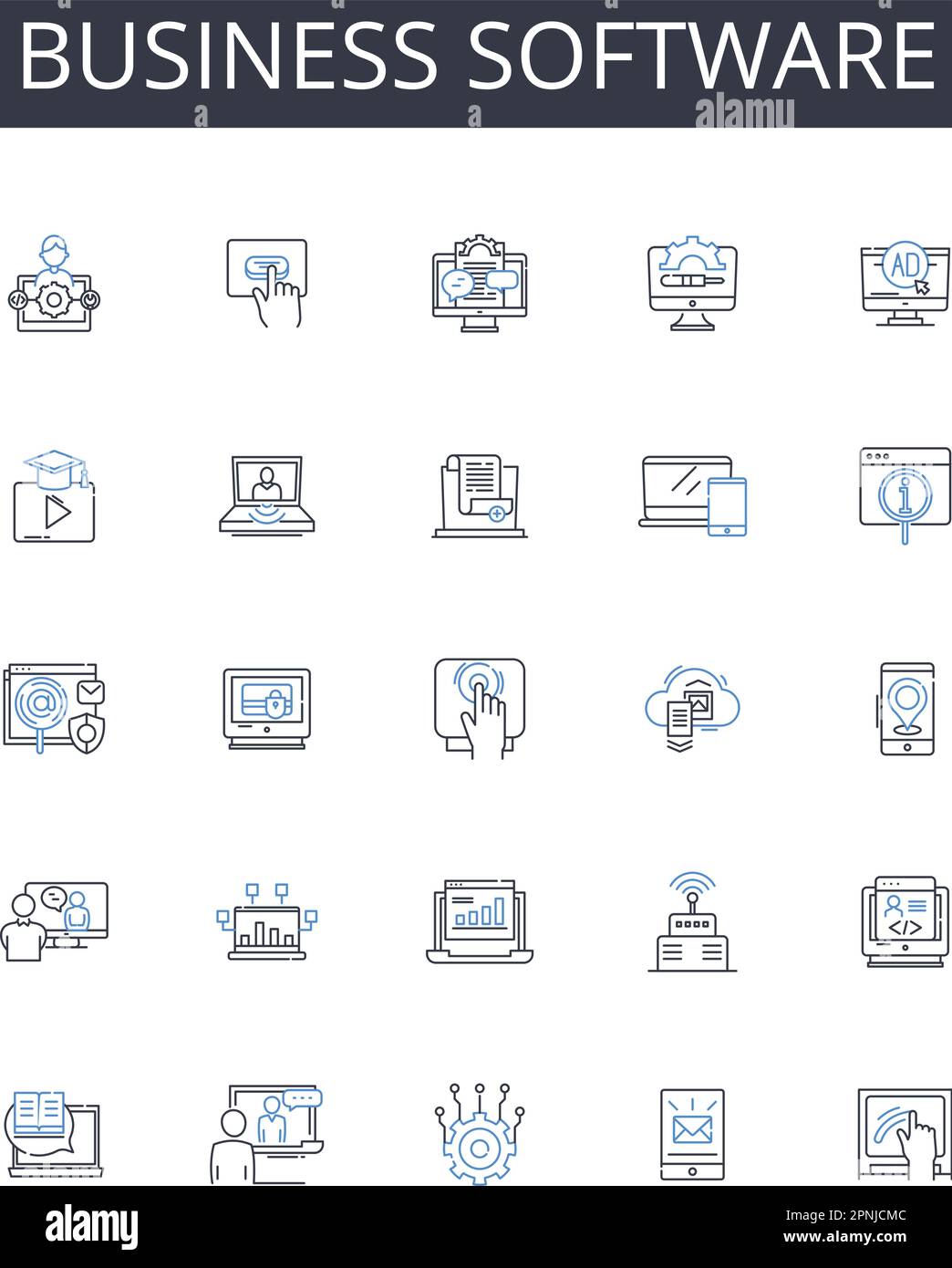Collezione di icone della linea di software aziendale. Sistema di gestione, soluzione aziendale, uso commerciale, tecnologia aziendale, software industriale Illustrazione Vettoriale