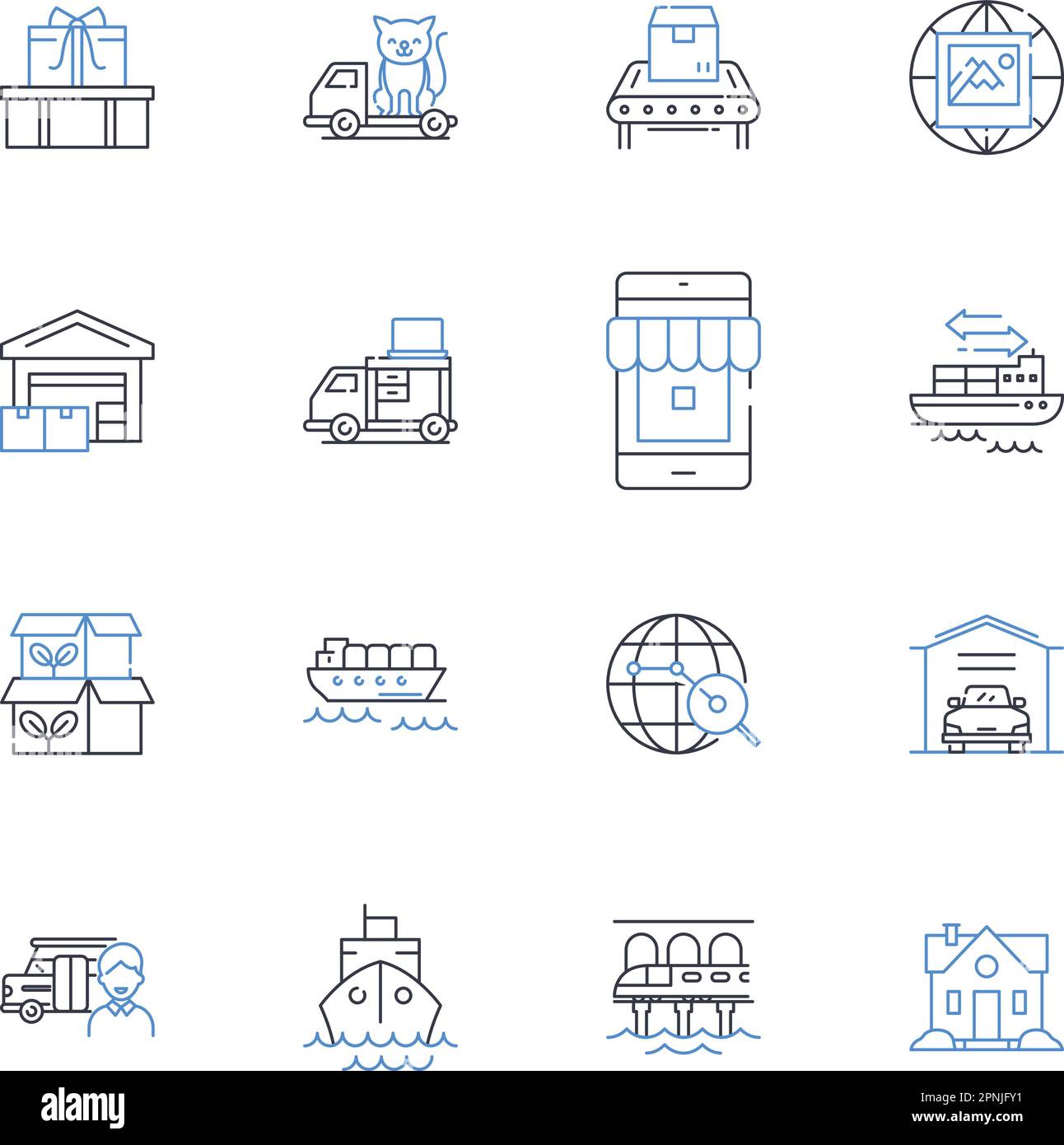 Raccolta icone linea corrieri spedizione. Consegna, espresso, logistica, trasporto, spedizione, Illustrazione di pacchi, vettori di carico e lineari. Veloce Illustrazione Vettoriale