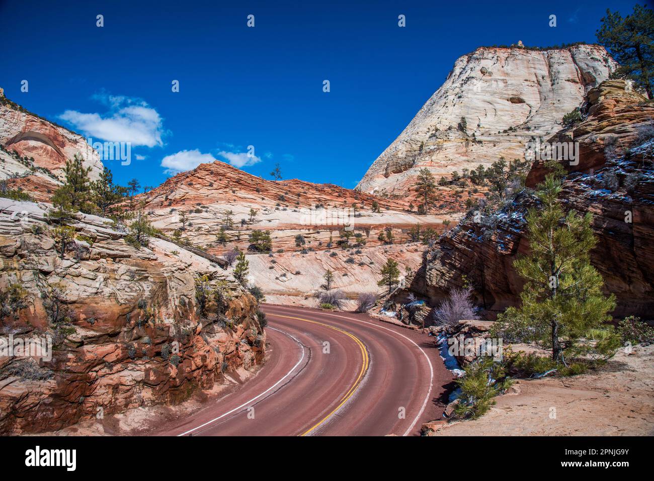 Scena lungo l'autostrada 9, nel Parco Nazionale di Zions, Utah, USA. La bellezza e la varietà delle meraviglie geologiche rendono il viaggio panoramico incredibile. Foto Stock