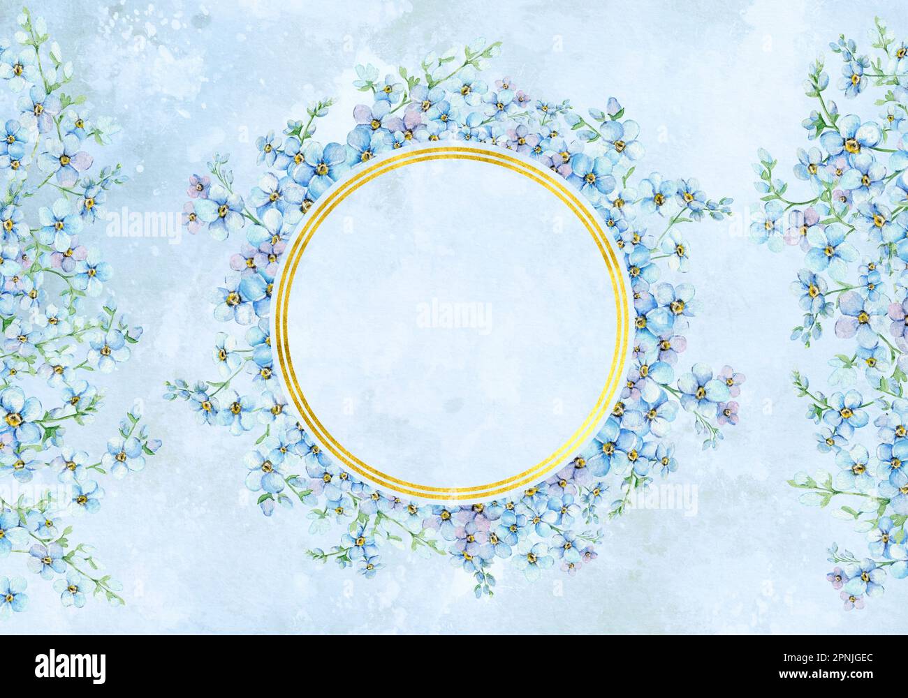 Acquerello blu dimentica-me-not. Modello floreale di invito al matrimonio con cornice rotonda in oro. Foto Stock