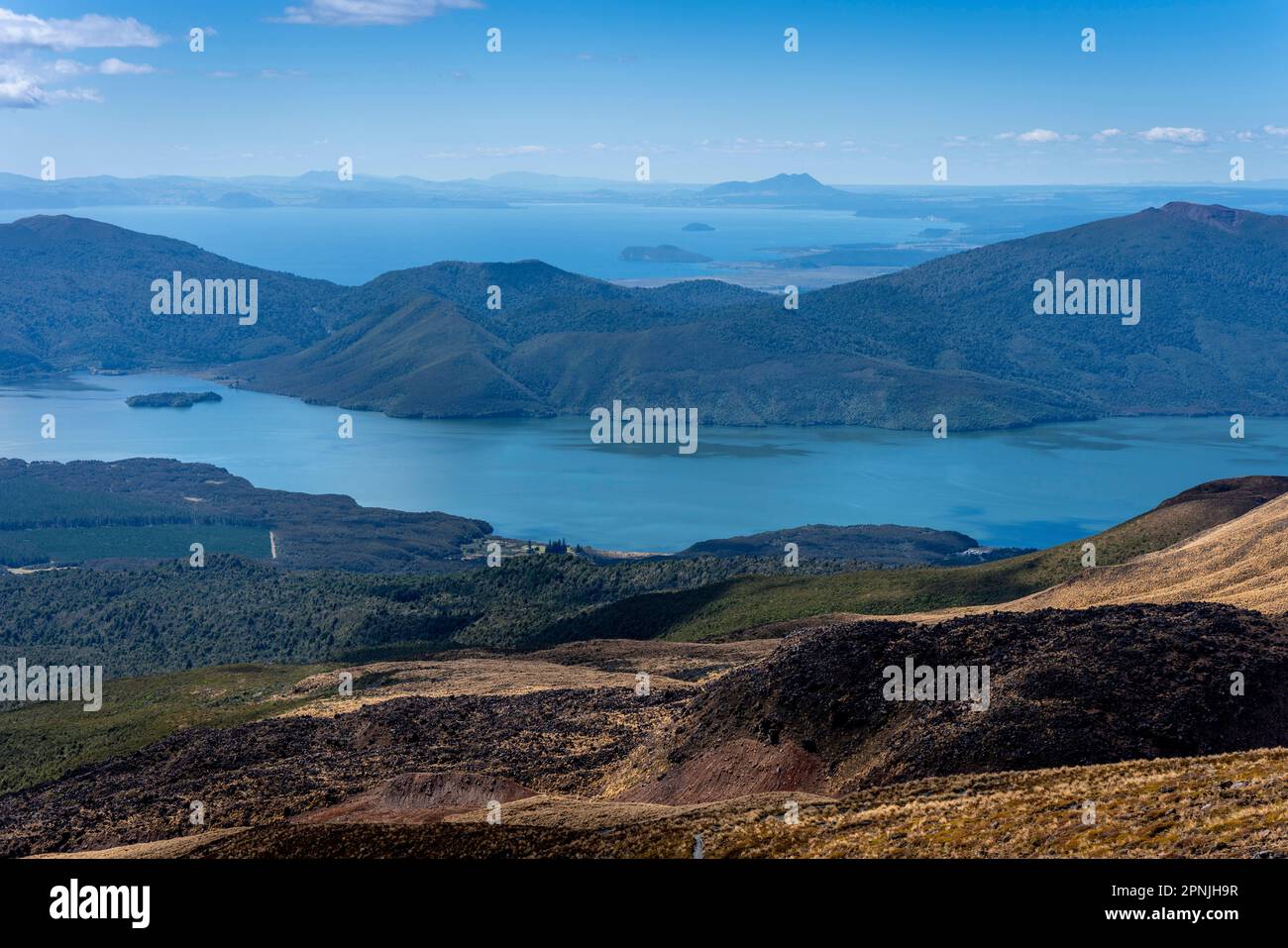 Il Lago Rotoaira (Foreground) e il Lago Taupo sono visti durante la passeggiata di traversata alpina di Tongariro, il Parco Nazionale di Tongariro, l'Isola del Nord, Nuova Zelanda. Foto Stock