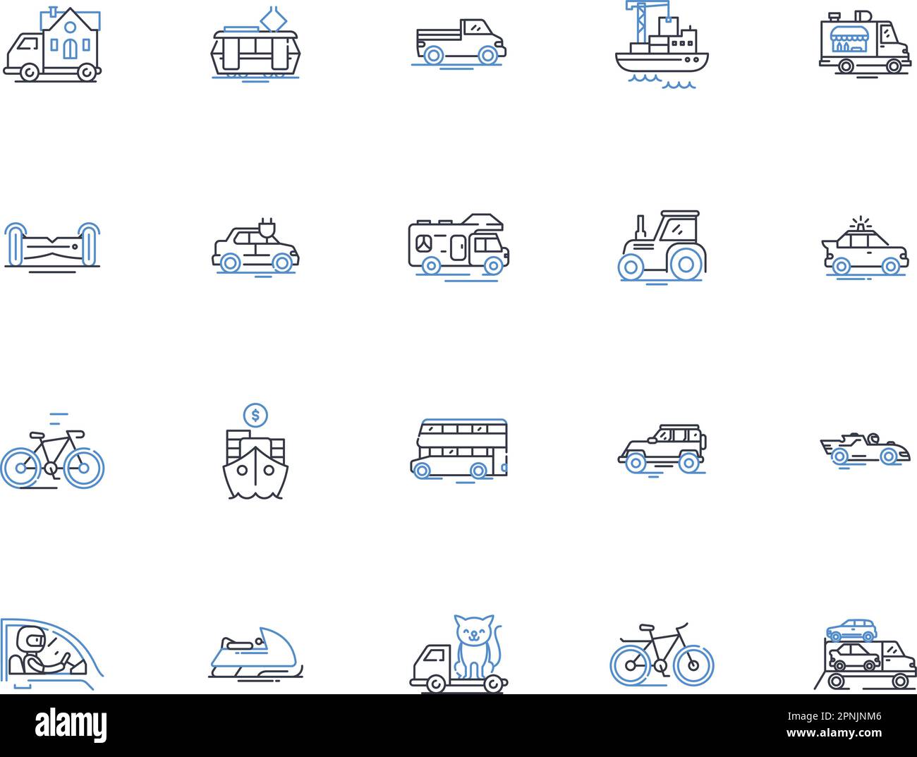 Collezione icone linea di trasporto. Spedizione, logistica, trasporto, carico, consegna, Distribuzione, vettore di movimento e illustrazione lineare. Trasporto Illustrazione Vettoriale