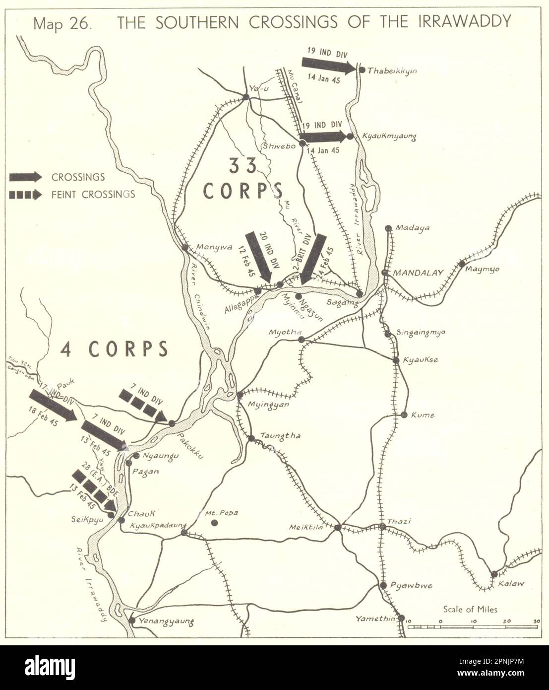 BIRMANIA. Dicembre 1944 e gennaio 1945. Traversate meridionali di Irrawaddy 1951 vecchia mappa Foto Stock