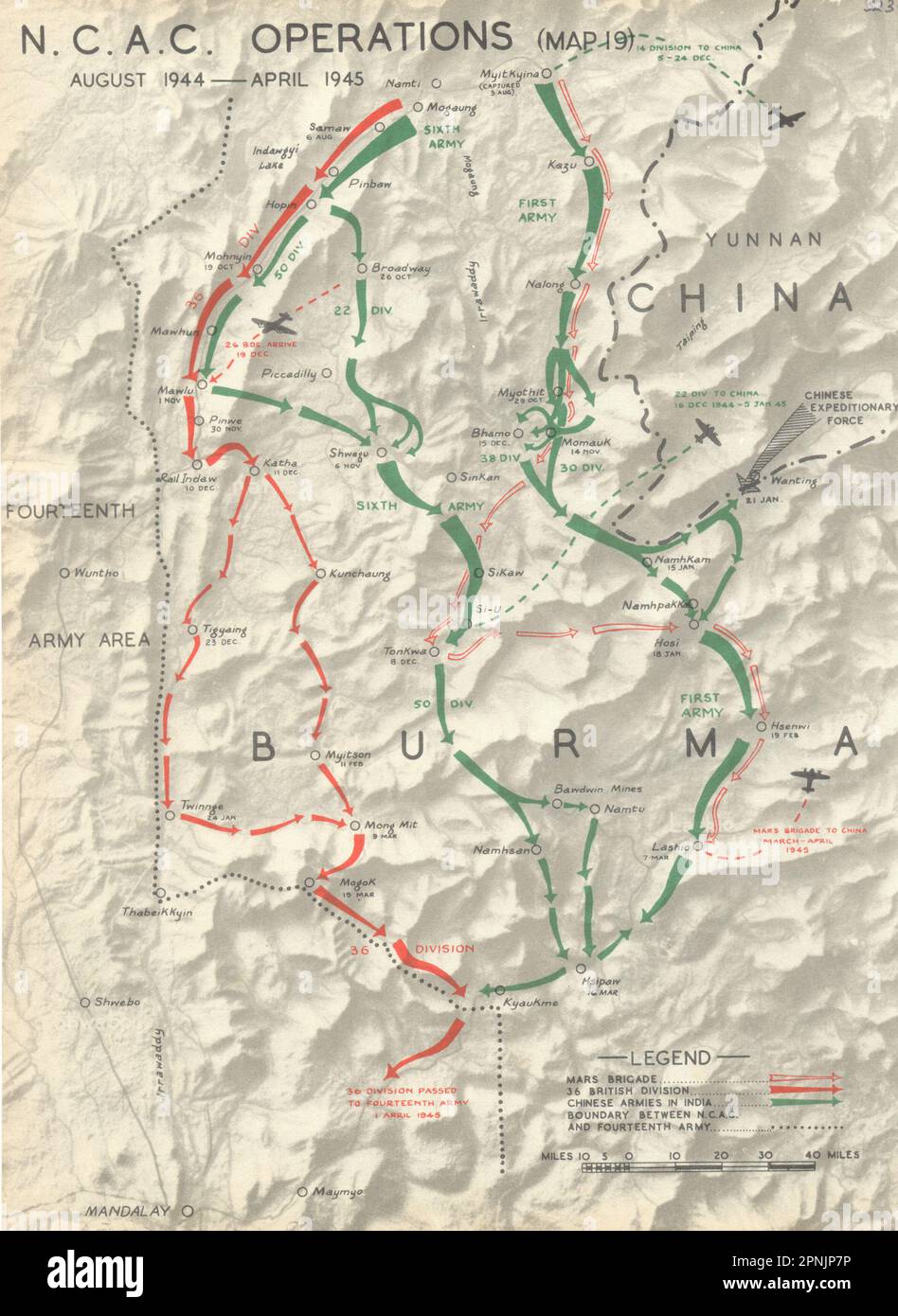 BIRMANIA. Da luglio a novembre 1944. NCAC Operations ago-Apr 1945 1951 vecchia mappa vintage Foto Stock