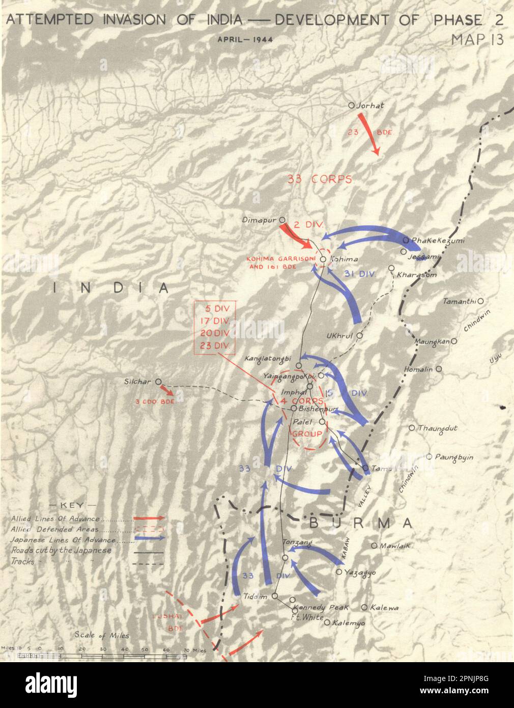 INDIA. Febbraio e marzo 1944. Tentativo di invasione della mappa della fase 2 1951 di sviluppo Foto Stock