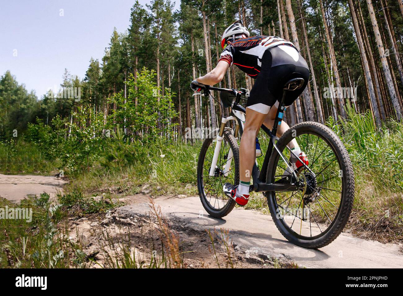 vista posteriore maschio ciclista equitazione sentiero forestale in mountain bike, gara estiva di sci di fondo Foto Stock