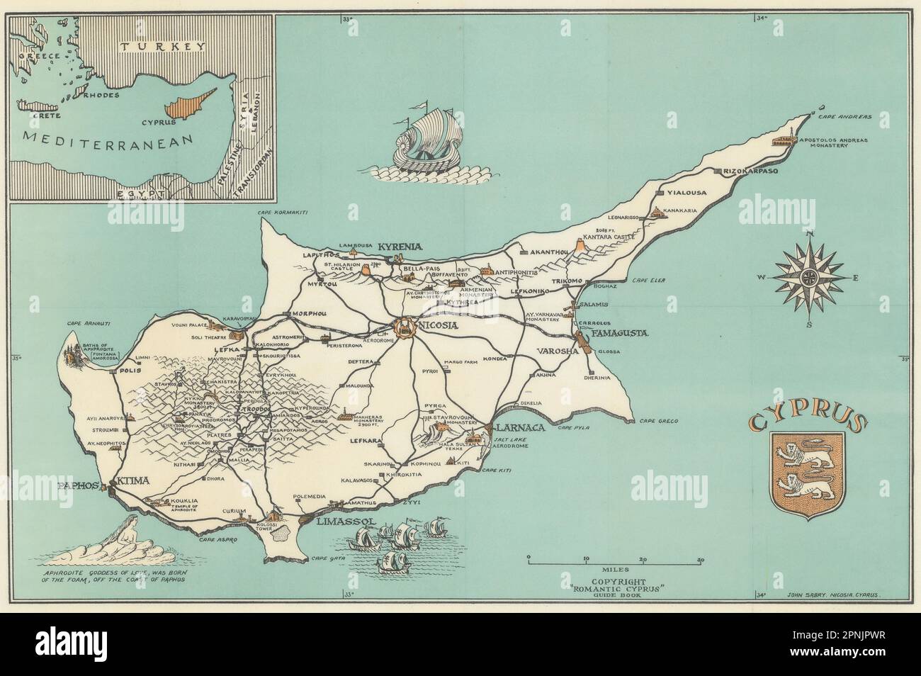 Mappa pittorica di Cipro di John Sabry 1951 vecchio piano grafico vintage Foto Stock