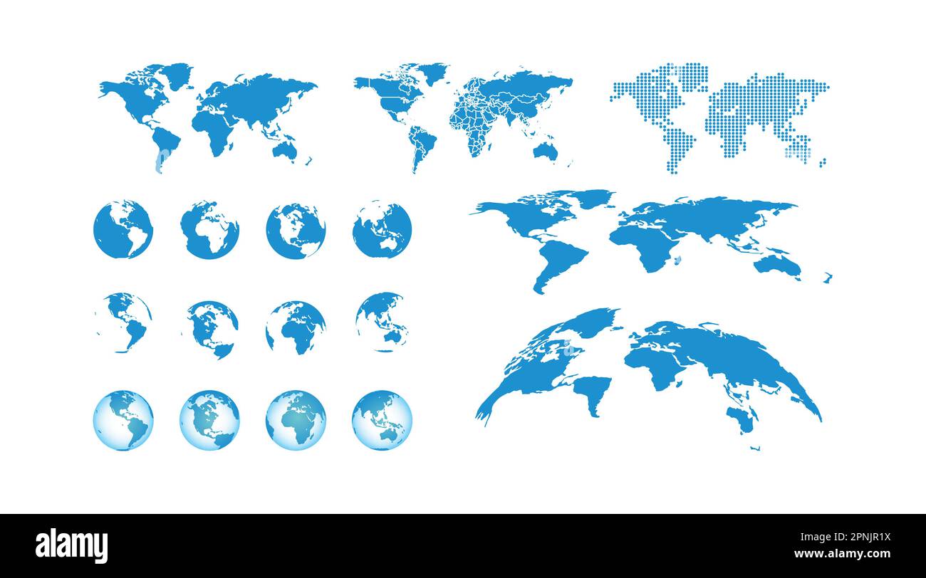 Mappa del mondo impostata su sfondo trasparente. Icona blu moderna del vettore del globo Illustrazione Vettoriale