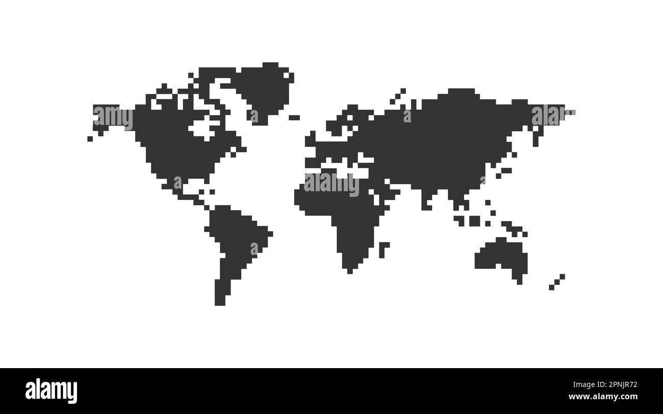 Mappa del mondo in stile pixel art. Icona Globe Flat a 8 bit. Illustrazione nera con isolamento vettoriale Illustrazione Vettoriale