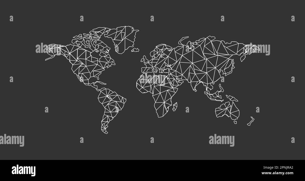 Mappa del mondo forme triangolari formate da linee su sfondo nero. Illustrazione con globo vettoriale isolato Illustrazione Vettoriale