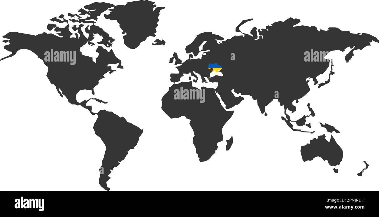 Ucraina mappa con bandiera con mappa del mondo. Illustrazione con isolamento vettoriale su sfondo bianco. Illustrazione Vettoriale