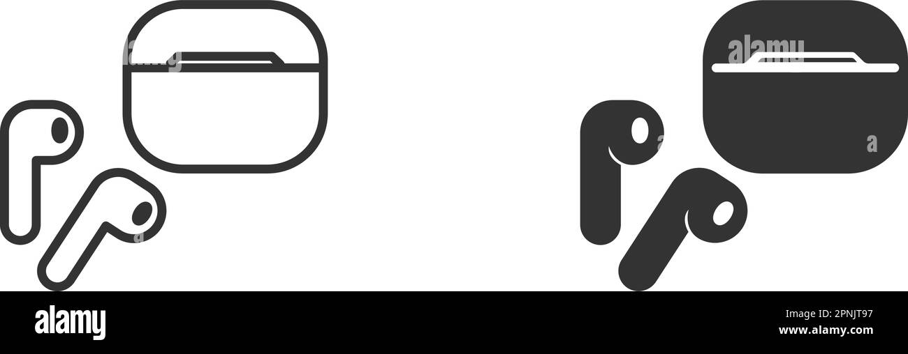 Auricolari wireless e custodia di ricarica con linea nera e icona glifo. Imposta i pulsanti per l'app audio musicale. Simbolo di cing vettoriale piatto Illustrazione Vettoriale