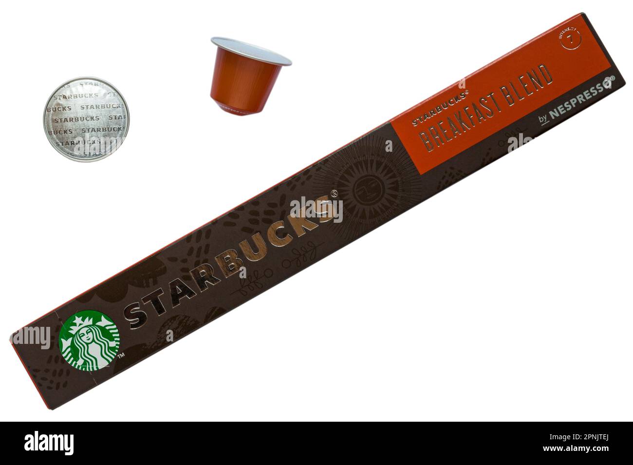 Scatola di Starbucks Breakfast Blend caffè capsule di Nespresso con due capsule rimosse isolato su sfondo bianco Foto Stock