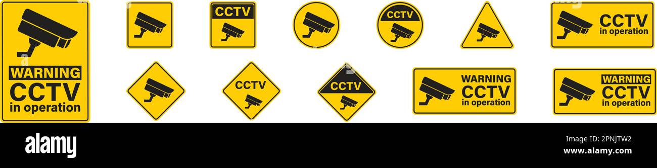 CCTV Imposta icona banner piatti su sfondo bianco. Illustrazione vettoriale del sistema di tecnologia Securiti Illustrazione Vettoriale