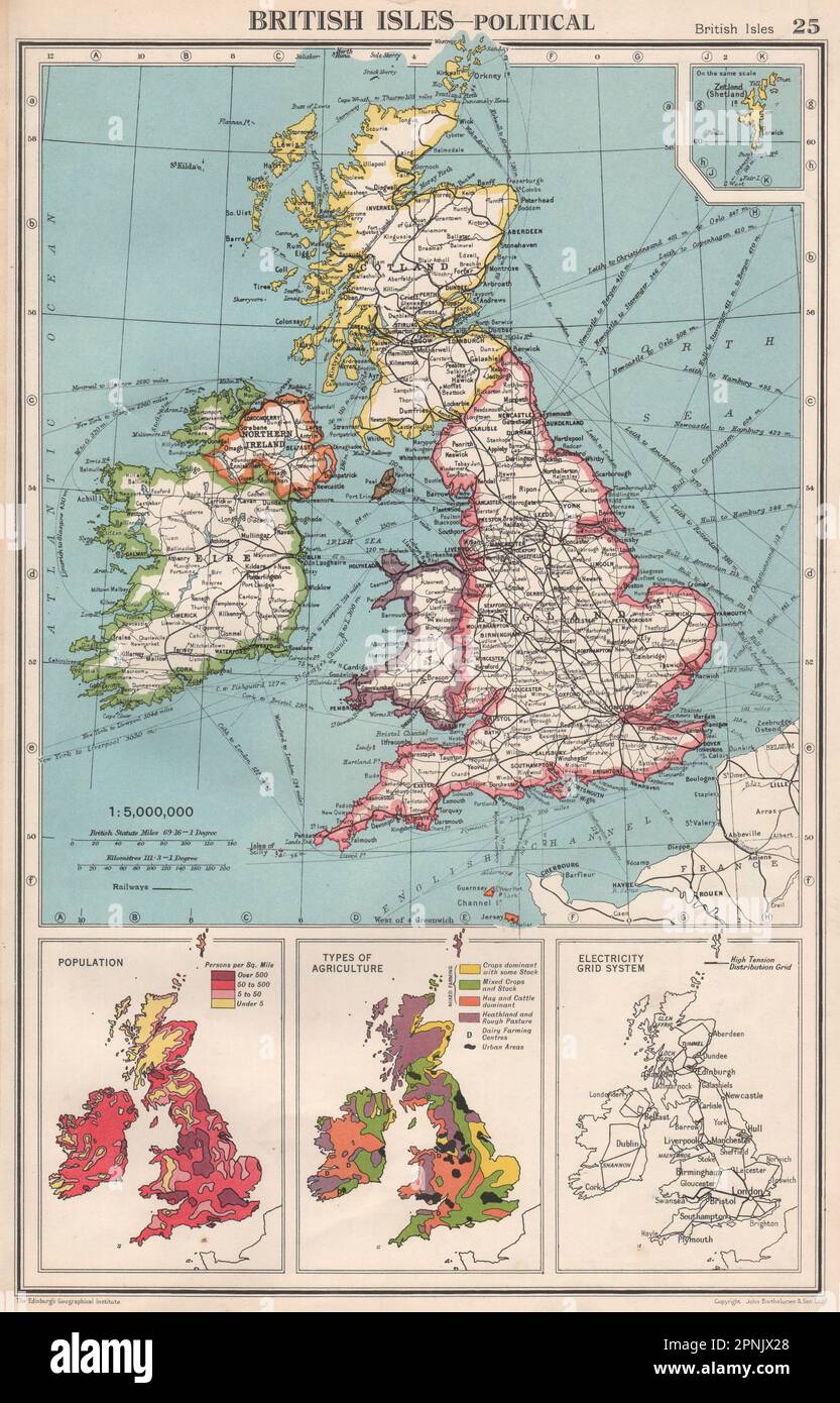 ISOLE BRITANNICHE. Densità di popolazione. Tipi di agricoltura. Mappa della rete elettrica 1952 Foto Stock