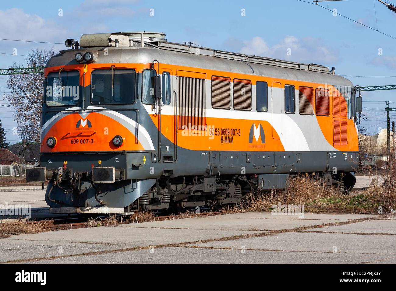 Lepseny, Ungheria - 26 febbraio 2012: MMV Magyar Maganvasut treno alla stazione. Trasporto ferroviario e trasporto marittimo. Trasporto ferroviario internazionale. Foto Stock