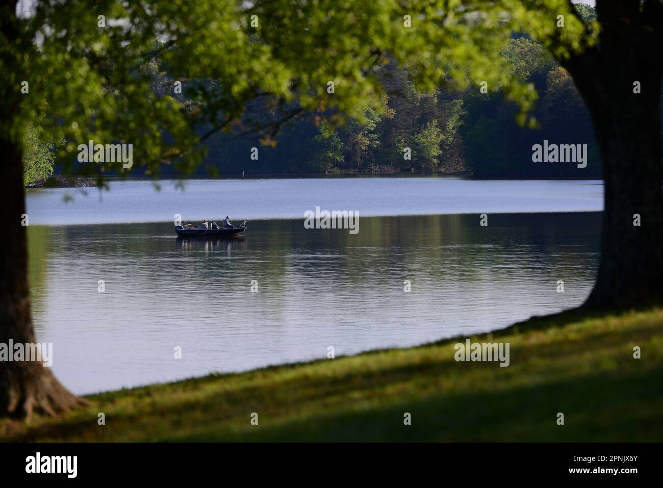 La pesca su un lago calmo Foto Stock