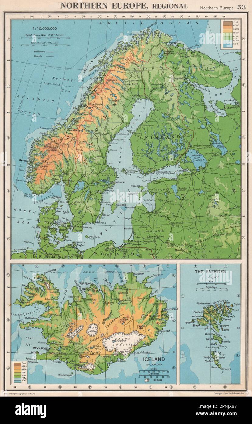 SCANDINAVIA PHYSICAL.Iceland Norway Sweden Denmark Finland.BARTHOLOMEW mappa 1952 Foto Stock